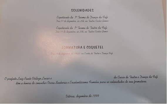 Programação da formatura da 1ª turma de teatro e dança da FAFI - 1999