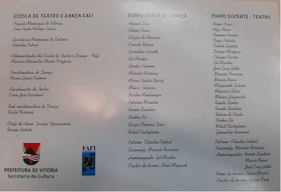 Informações constantes no convite de formatura 1ª turma de teatro e dança da FAFI - 1999